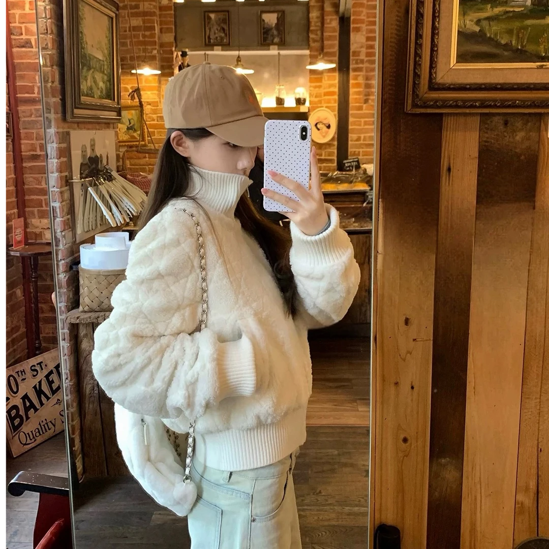 D家公主! 菱格羊羔毛拉链环保羊羔毛修身夹棉外套秋冬