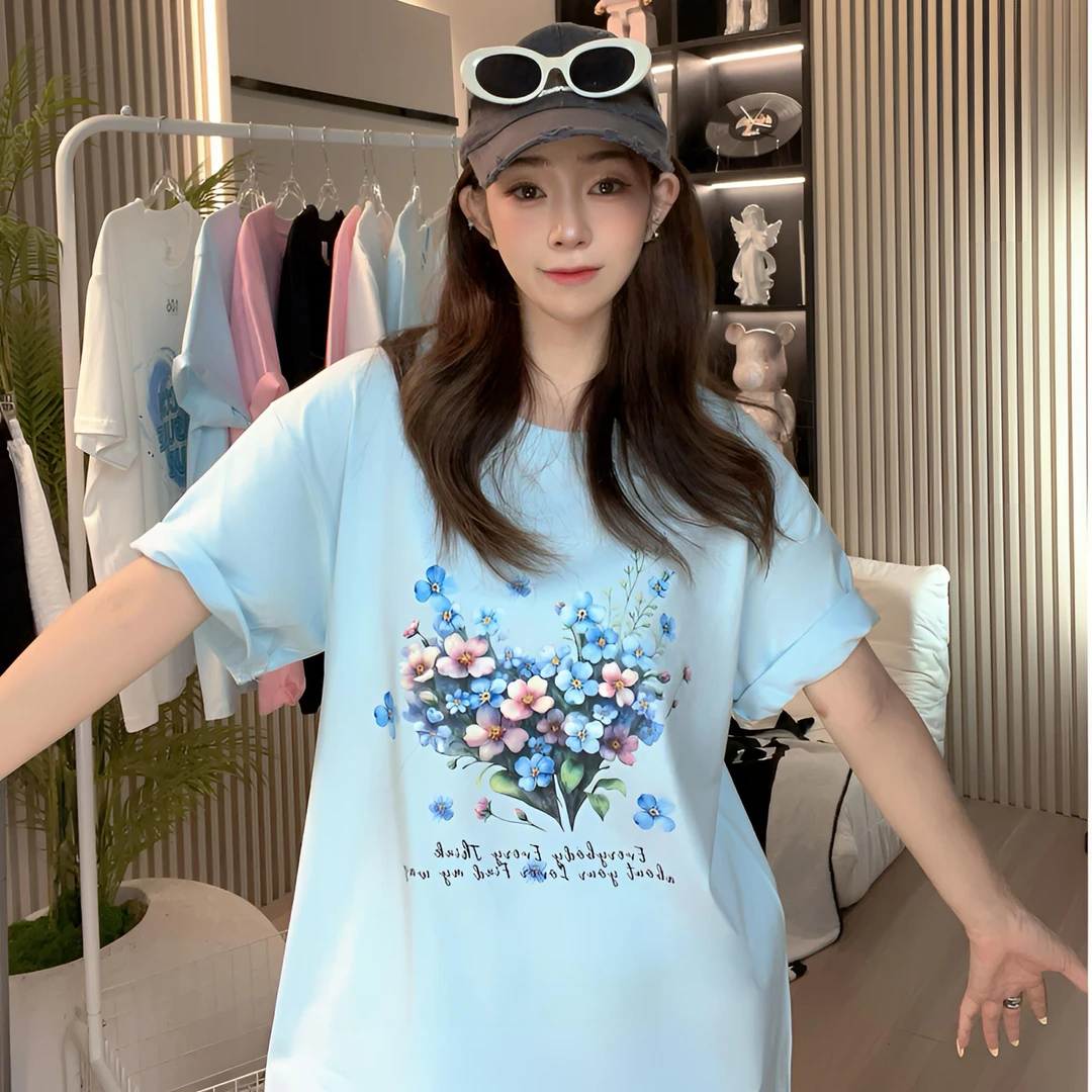 韩版夏季印花半袖玫瑰花休闲百搭宽松短袖时尚潮流设计圆领小众