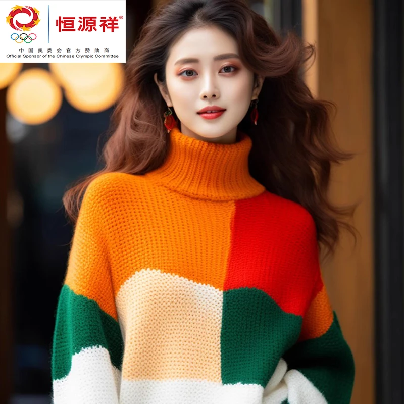 恒源祥集团彩羊漂亮撞色高领毛衣女款秋冬加厚慵懒宽松热销羊毛衫