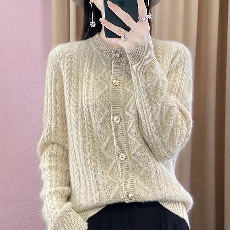 恒源祥集团新款100纯羊毛圆领短款开衫时尚彩羊绒针织外套上衣