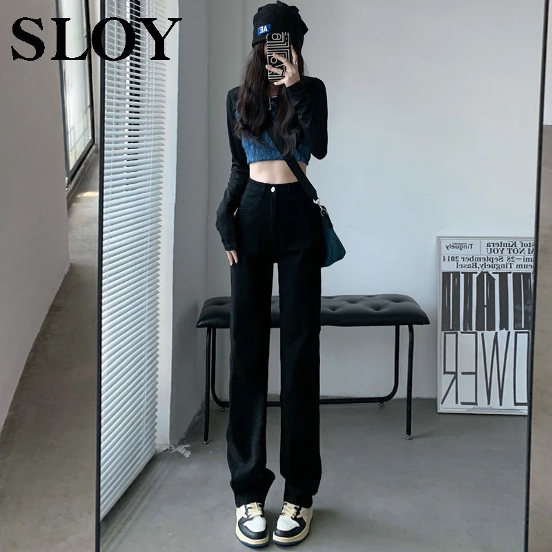 新款黑色高腰显瘦直筒微喇牛仔裤女梨形身材加长宽松拖地裤