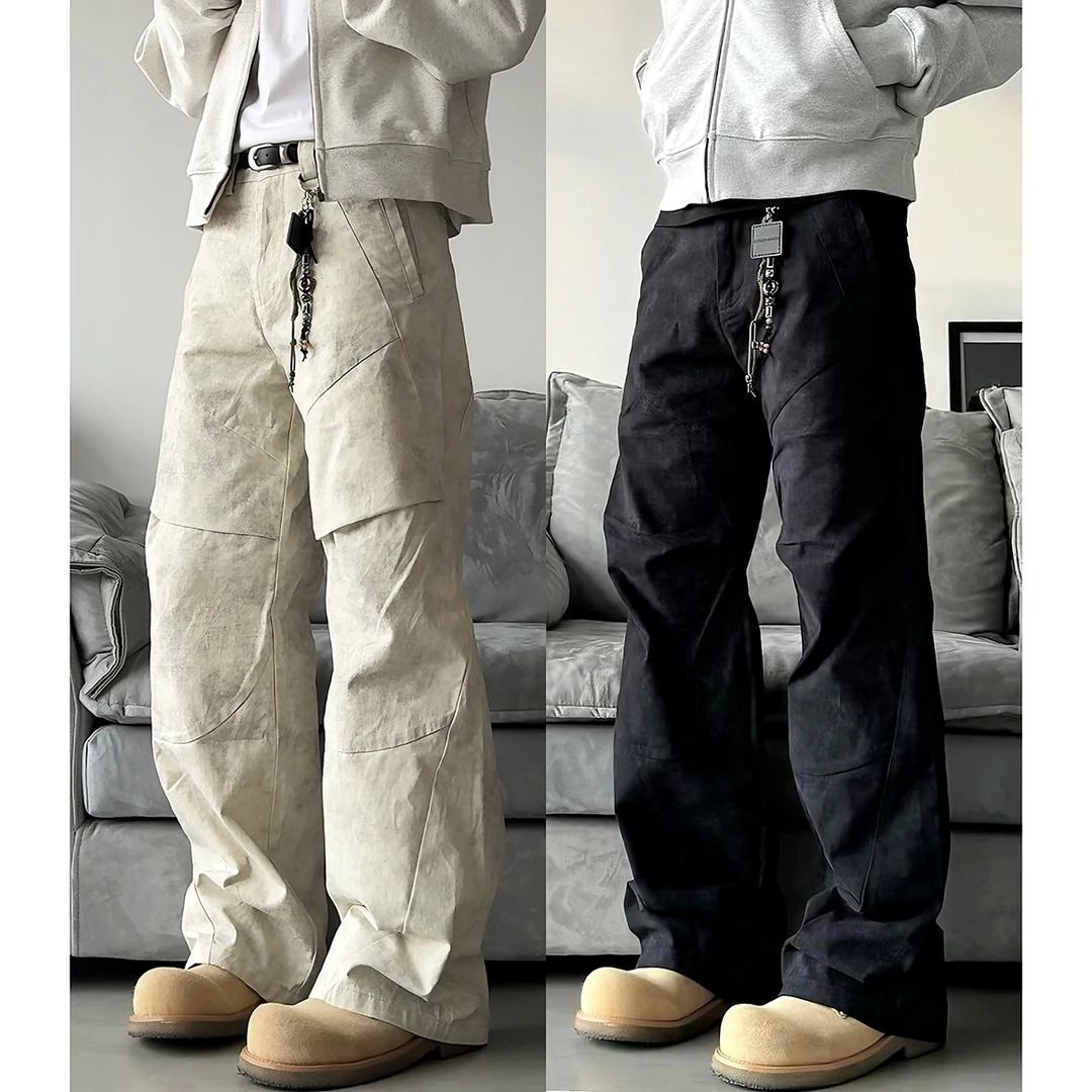 【大理石拼接】cleanfit美式宽松直筒褶皱拼接复古休闲日系工装裤