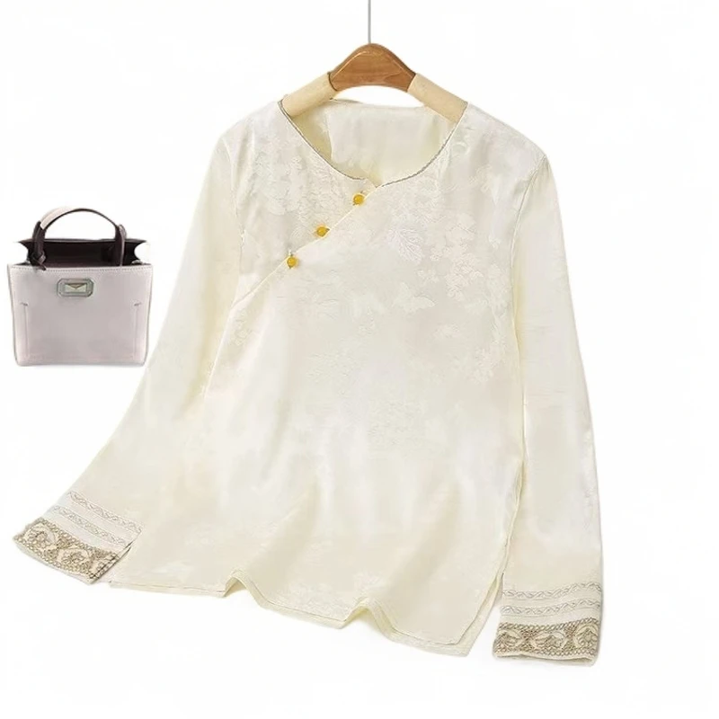 【风清雅】100春季襟女设计感珍珠重工袖口缎面禅意T恤打底衫上衣