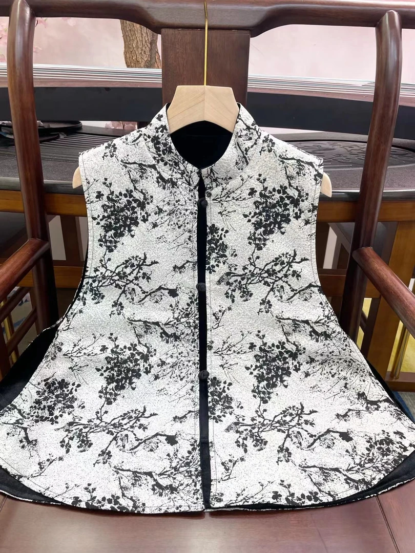 863双面穿中式立领水墨画盘扣丝绒马甲秋冬时尚中国风外套上衣女