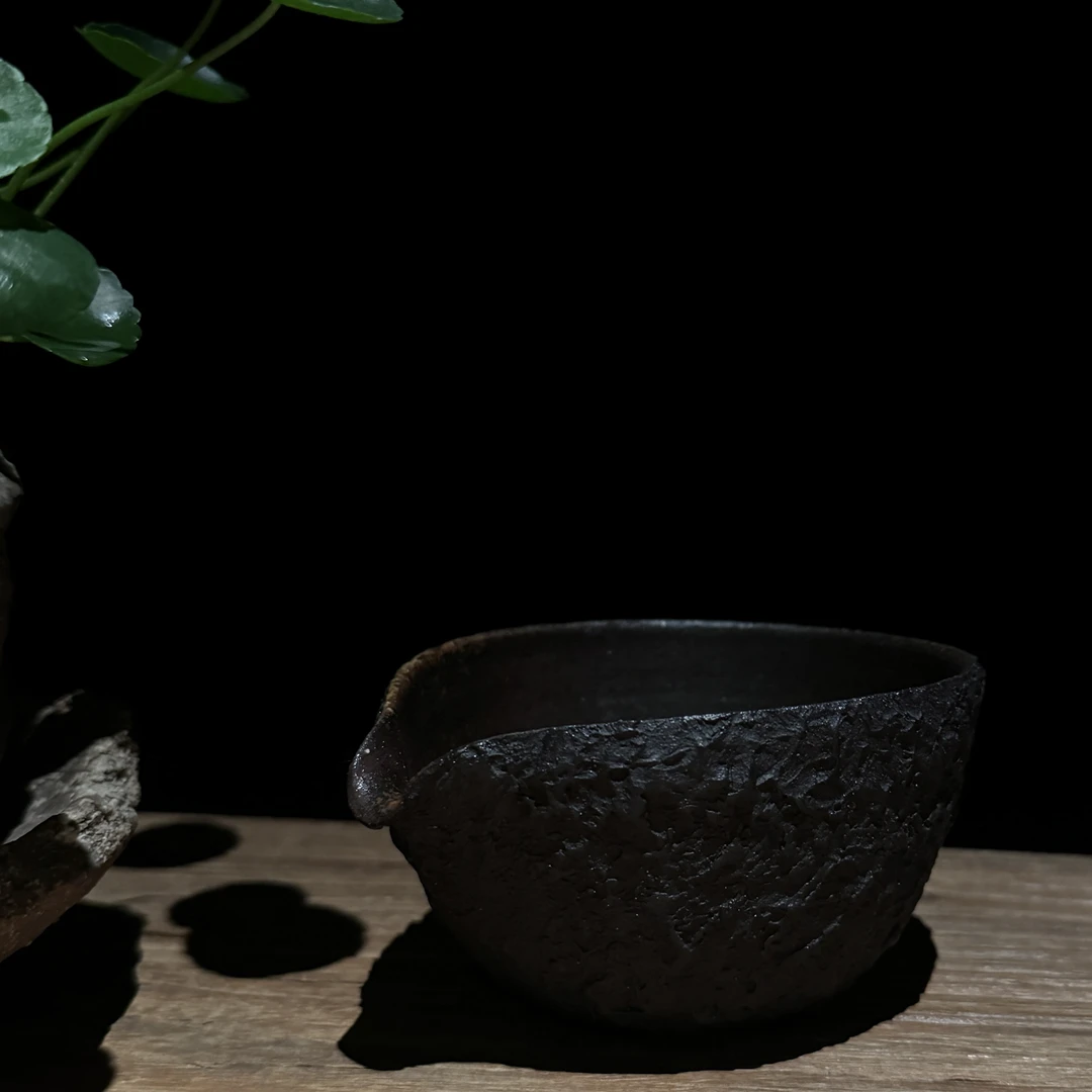 侘寂风复古公道杯柴烧黑陶纹路粗陶茶杯茶盏落灰效果随机发