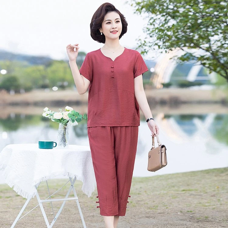 妈妈装夏季时尚套装宽松显瘦两件套舒适棉麻短袖夏季洋气休闲