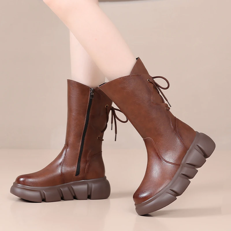 加厚保暖洋气厚底马丁靴女2024秋冬新款时尚加棉真皮百搭中筒靴女