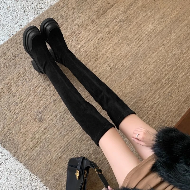 过膝靴女2024秋冬新款厚底高筒靴小个子长靴粗跟弹力靴微胖长筒靴