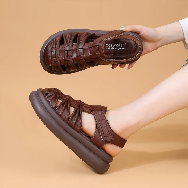 真皮厚底凉鞋女2024新款夏季包头编织镂空休闲超软罗马凉鞋大码41