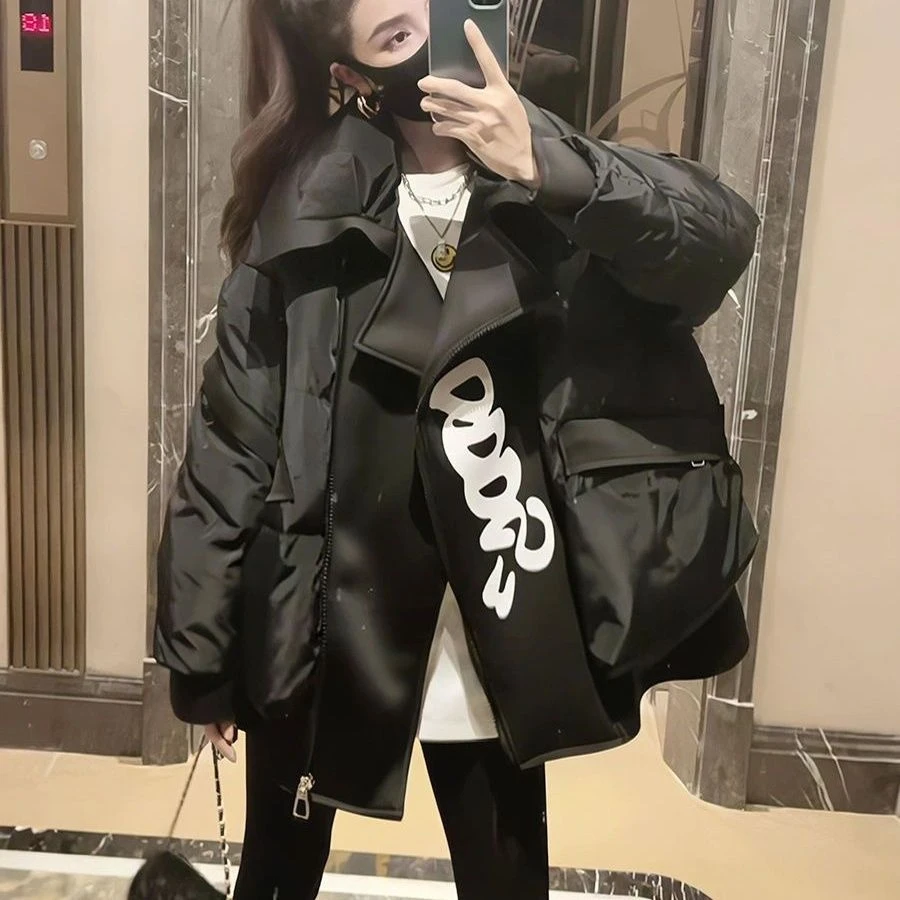 冬季新款字母图案羽绒棉服外套女百搭宽松显瘦时尚印花鸭绒面包服
