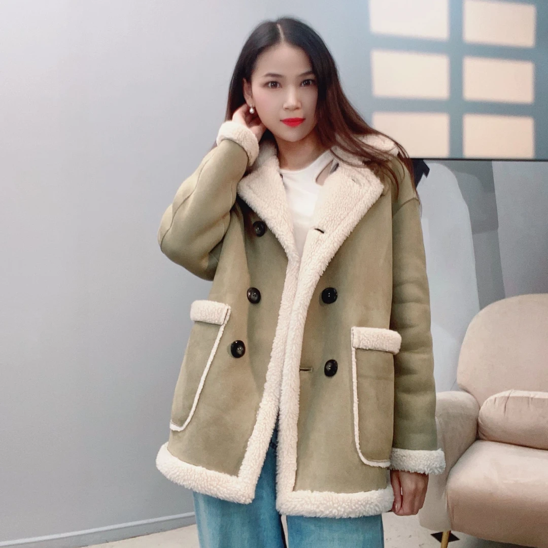 2024新款绵羊毛大衣修身显瘦加厚一体秋冬女士羊羔毛外套双面双穿