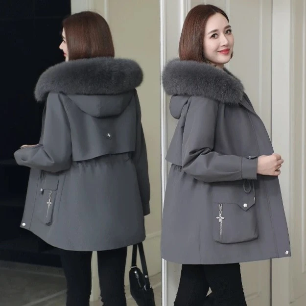 2023海宁新品韩版女士派克服狐狸毛可拆卸宽松显瘦加厚百搭洋气