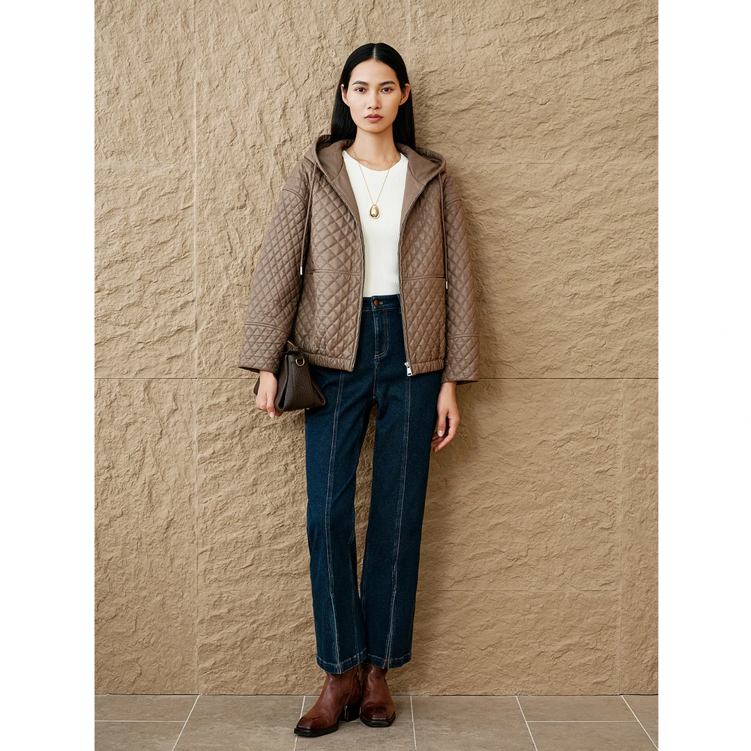 INSUN恩裳春季新款复古菱格绗线绵羊皮皮衣9C64509800