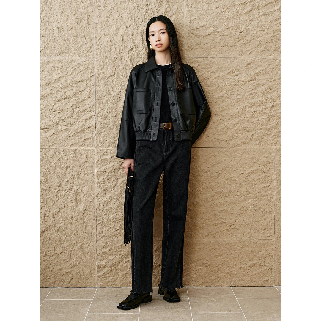 INSUN恩裳专选2024冬季复古夹克式绵羊皮短款皮衣9C65109010