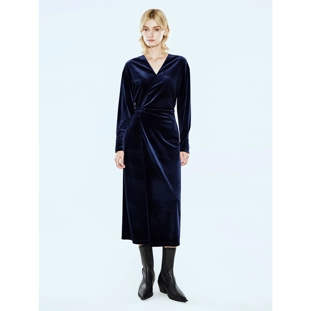 COVERINS2025春季静奢修身盘扣丝绒连衣裙CC35105100