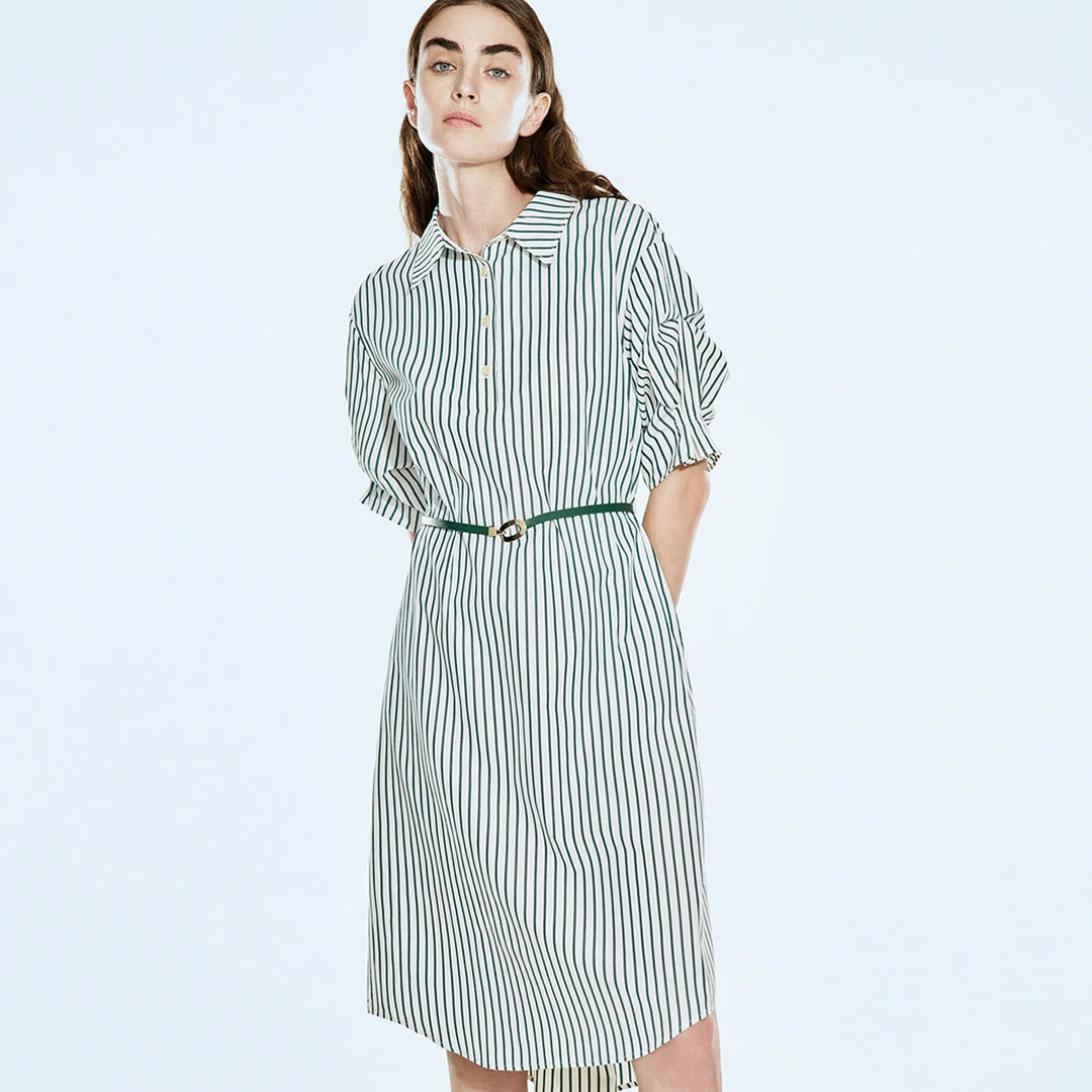 COVERINS夏季时尚气质收腰条纹抽褶袖衬衫连衣裙女士CC64230010