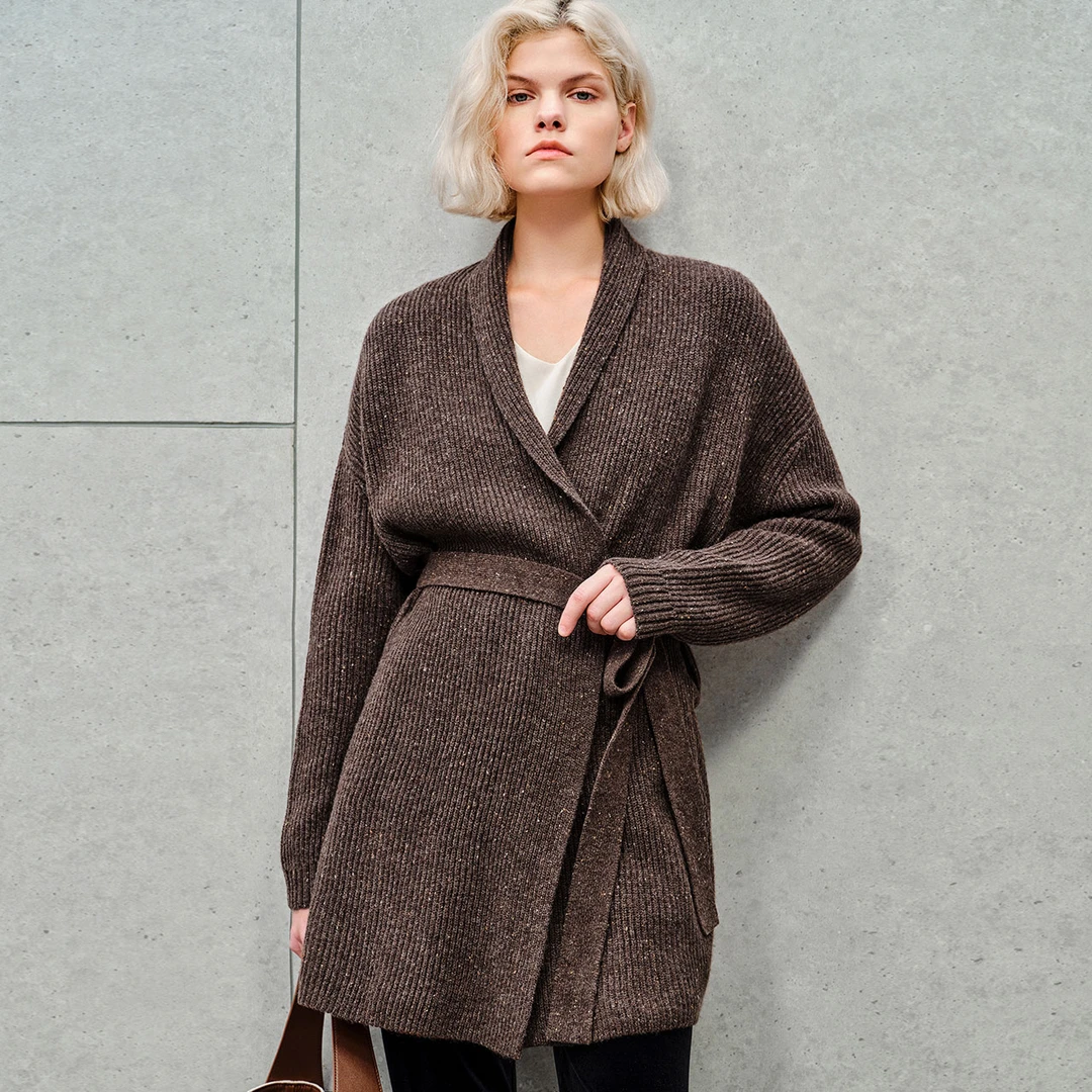 恩裳春秋新款羊毛彩点纱优雅舒适简约中长款宽松开衫9C63306530