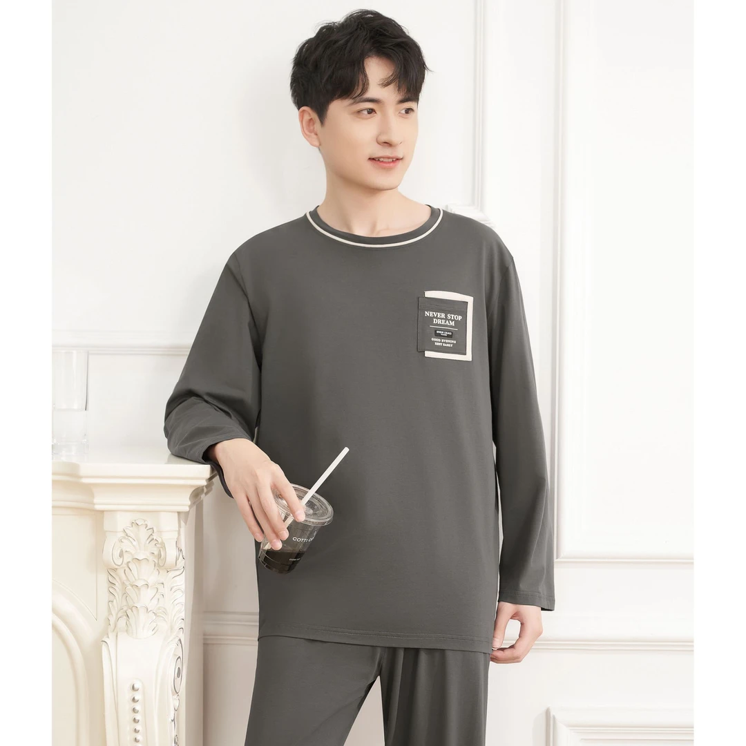 简约棉质圆领套头男士睡衣套装