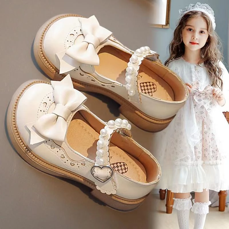 公主鞋蝴蝶结小皮鞋2024春秋新款小女孩浅口单鞋宝宝软底皮鞋
