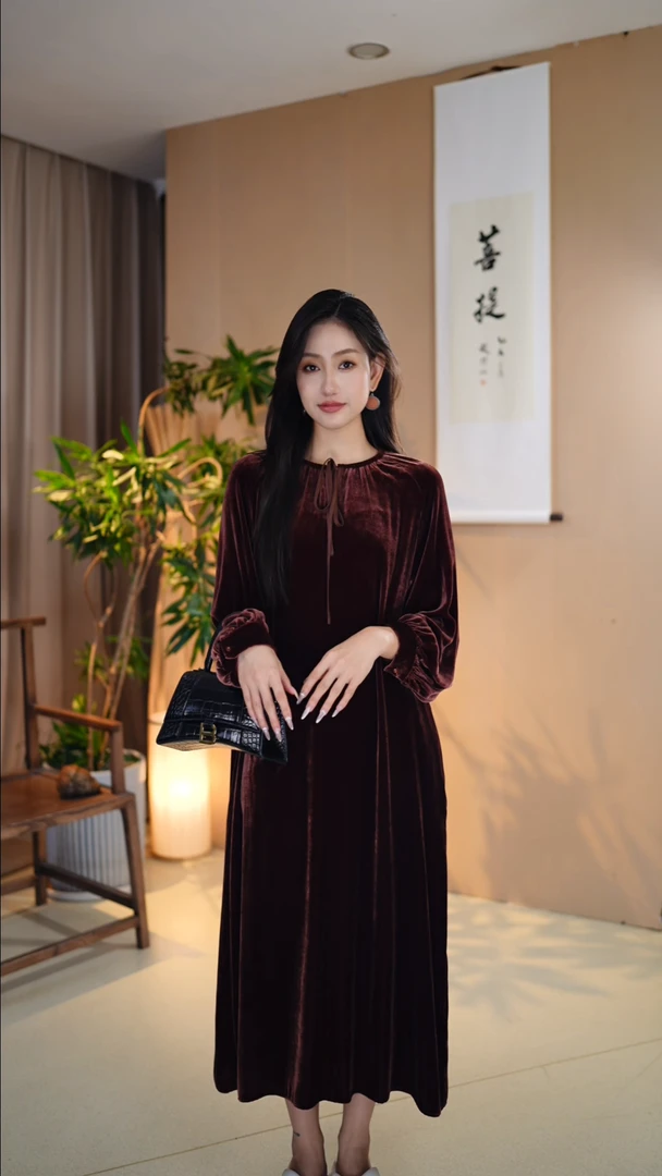 【流年如梦】国风新中式桑蚕丝丝绒气质优雅贵气连衣裙女 23Z717