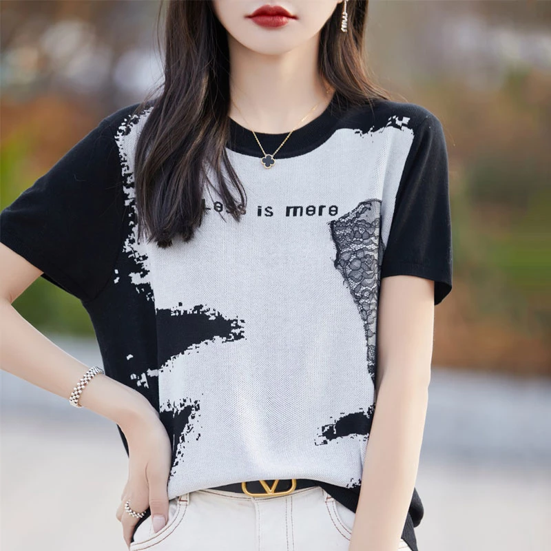 2024夏季百搭气质显瘦天丝针织衫短袖女士圆领中袖拼接上衣薄款