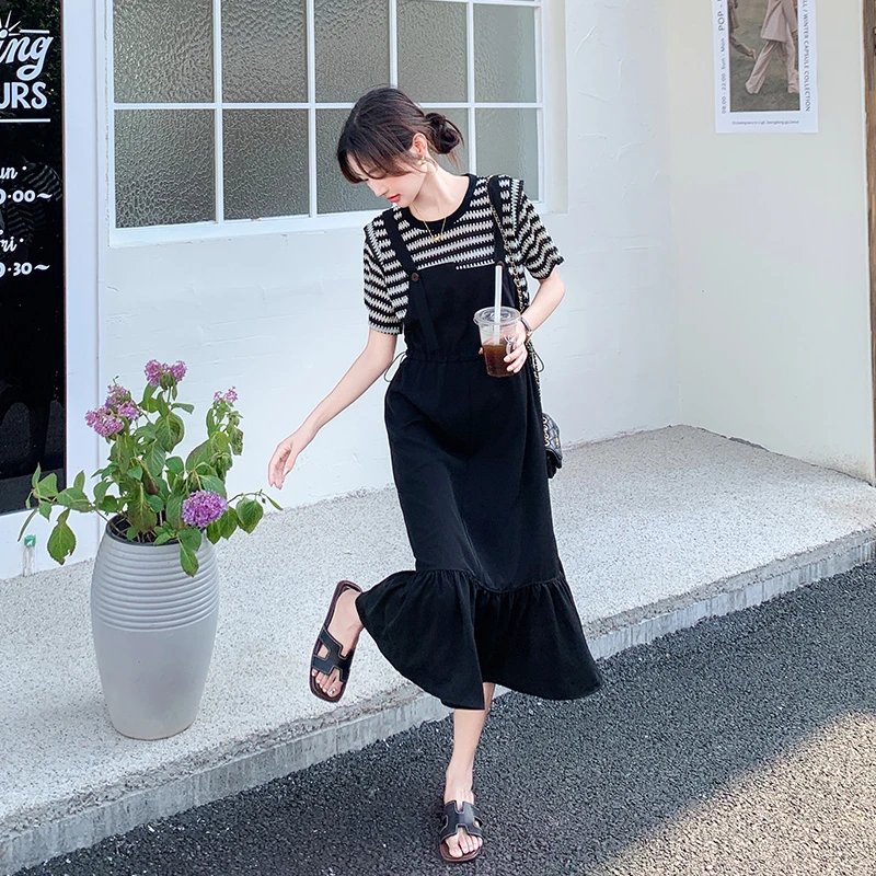 夏装新款中长款鱼尾裙宽松显瘦设计感条纹拼接小个子假两件连衣裙