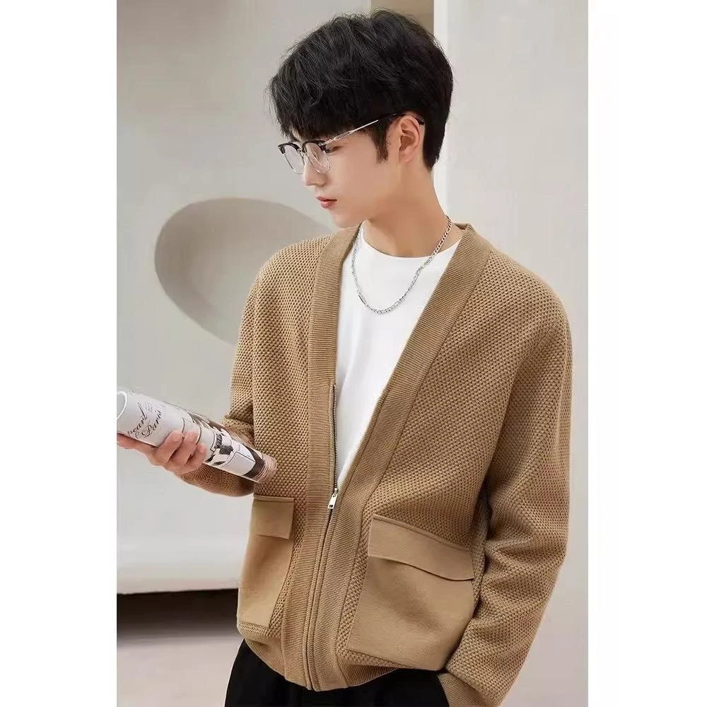 秋冬季新款开衫毛衣男生休闲针织衫上衣百搭V型领毛衣外套轻熟风