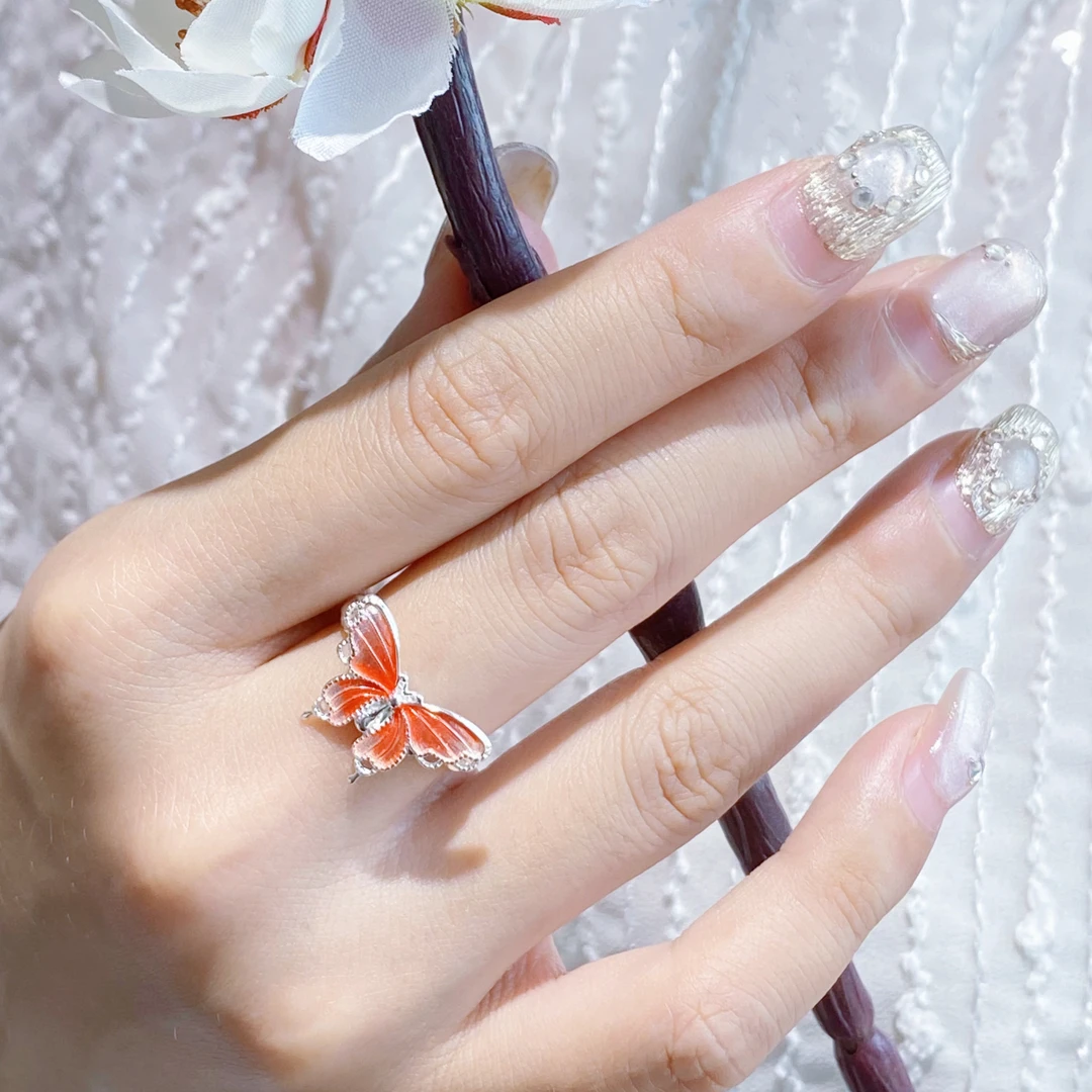 足银珐琅戒指 【蝴蝶戒指】足银轻奢时尚甜美银戒气质可调节彩色