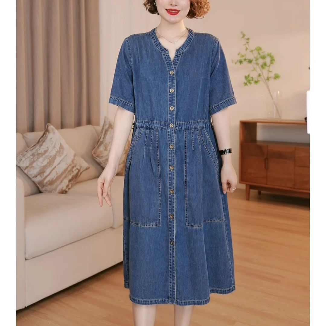 【定制】洋气显瘦牛仔连衣裙女夏季时尚大码收腰遮肚子胖mm裙子