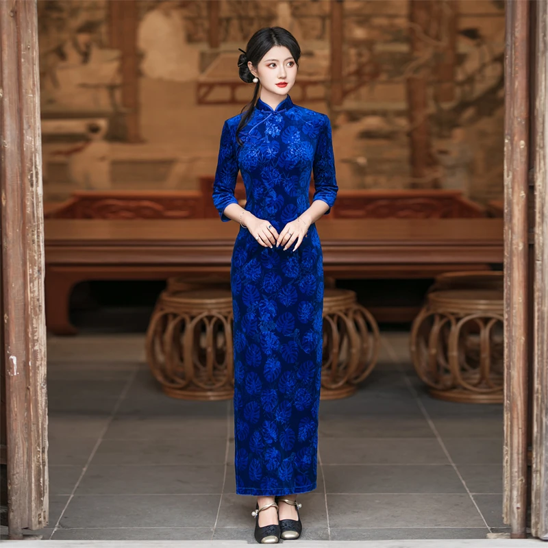 新中式改良旗袍日常走秀2024新款长款连衣裙修身弹力年轻气质妈妈
