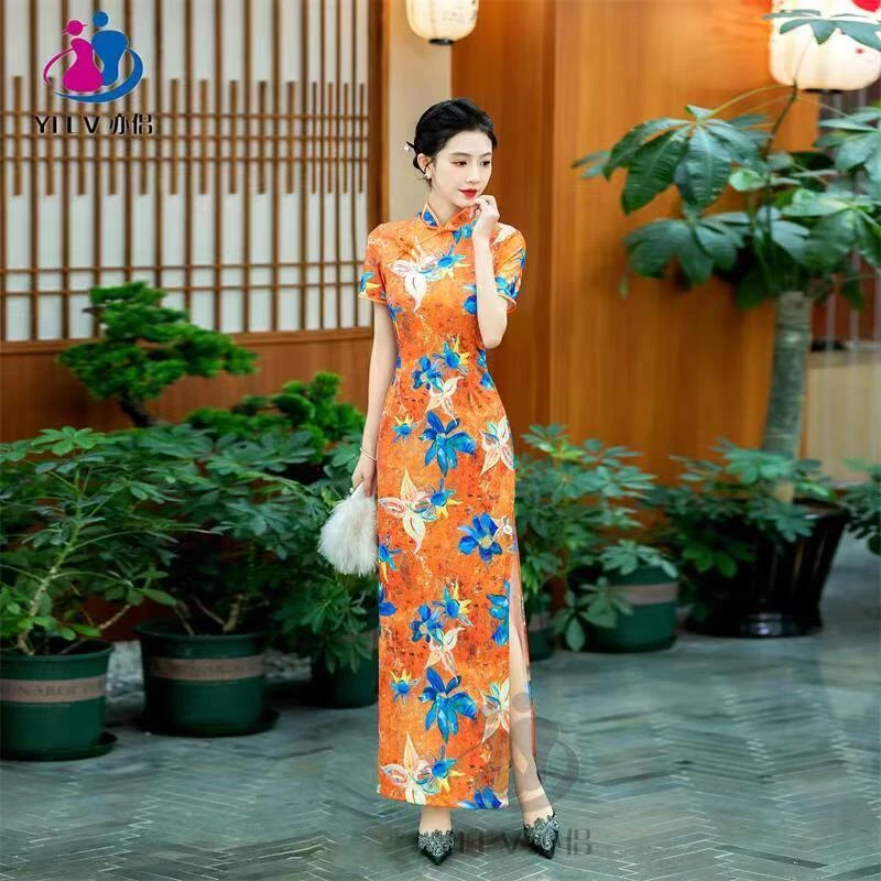 日常中国风旗袍复古连衣裙长款旗袍走秀旗袍女款2024款网红款大码