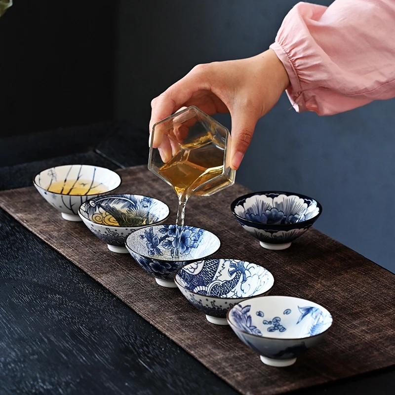 知名茶器  复古青花茶杯六只装斗笠杯功夫茶具主人杯盒装-@@263