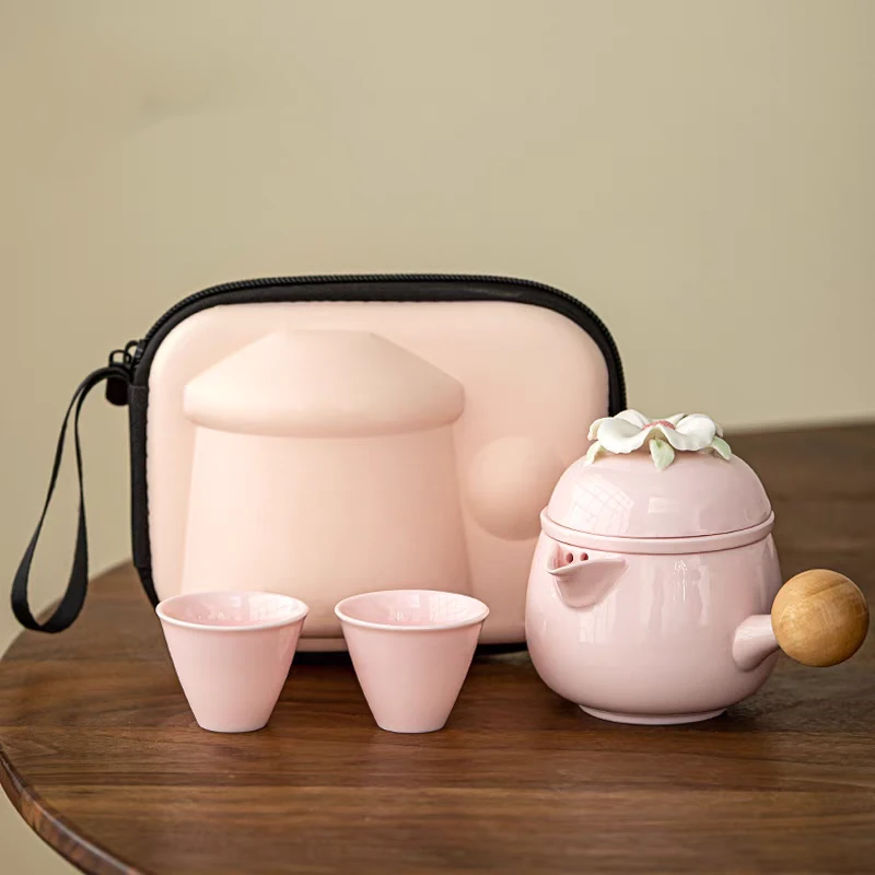 友名陶瓷 羊脂玉瓷粉丝捏花侧把壶一壶两杯旅行茶具户外快客杯-24