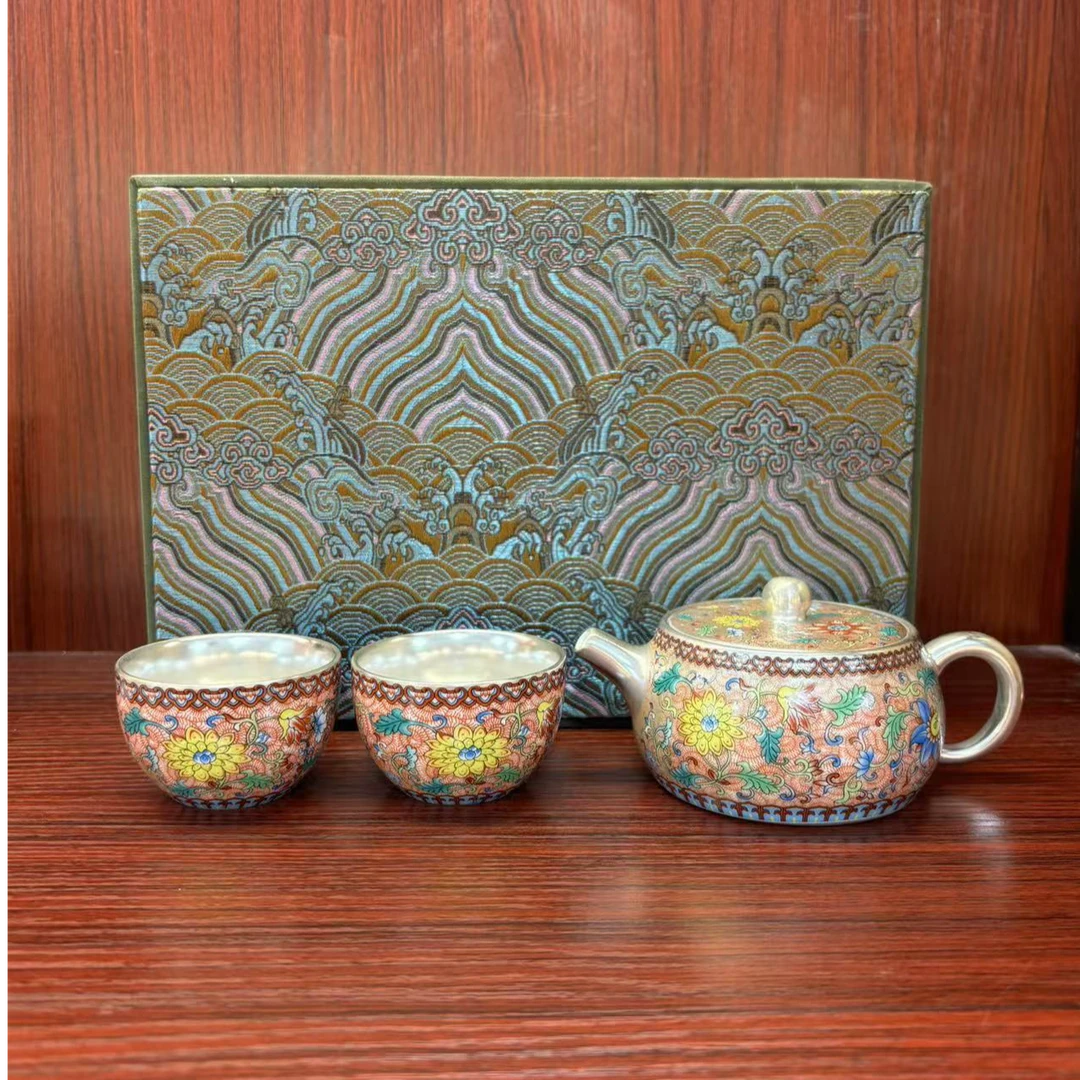 秋香茶具 珐琅彩瓷胎包银一壶两杯套装家用功夫茶具-4896