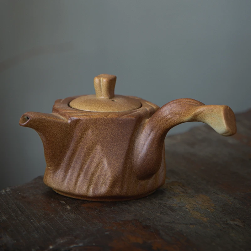 知名茶器  老陶泥仿树桩侧把煮茶水壶纯手工复古粗陶四方壶-@@783