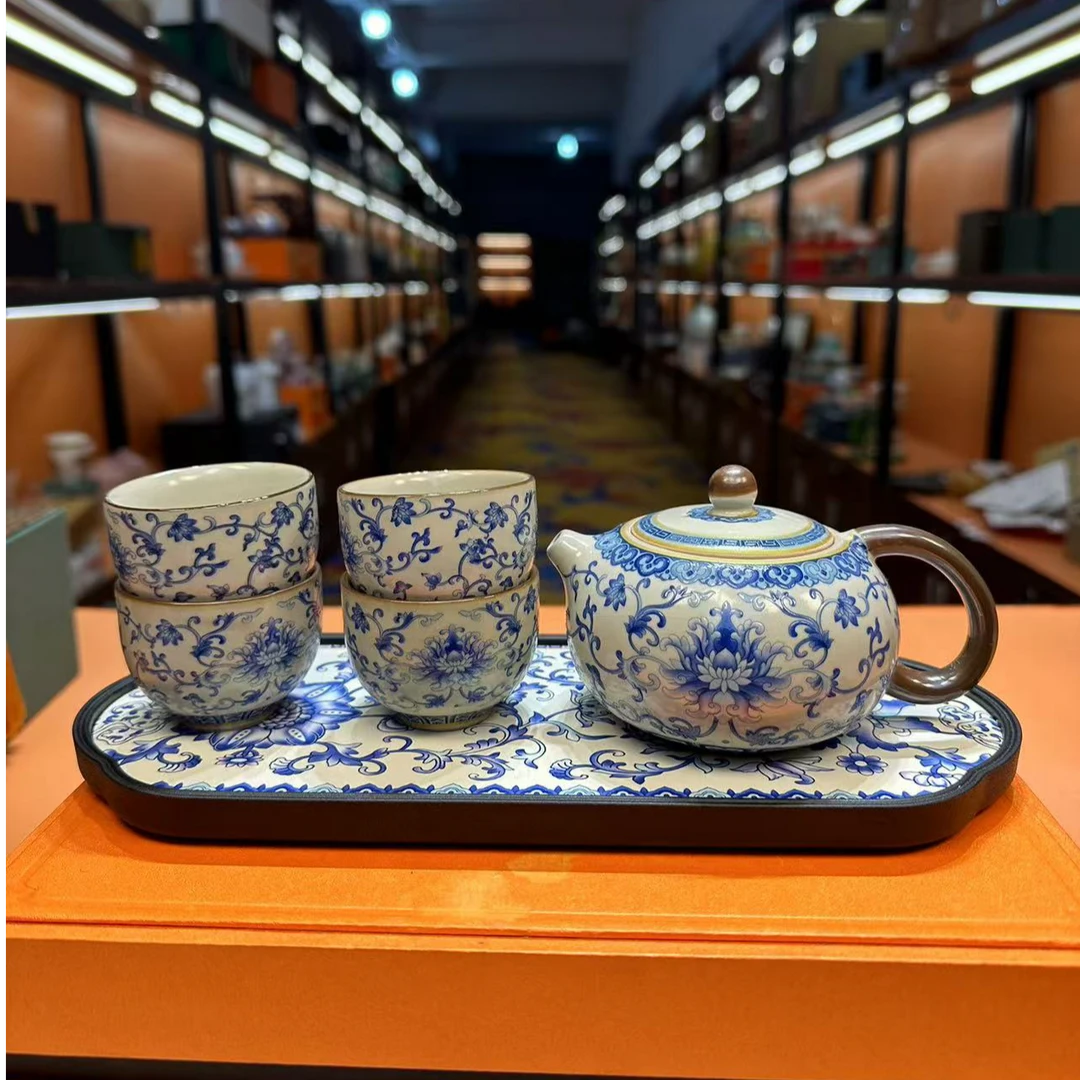 秋香茶具 复古陶瓷汝窑青花缠枝莲西施壶（带四杯）小套装功夫-2072