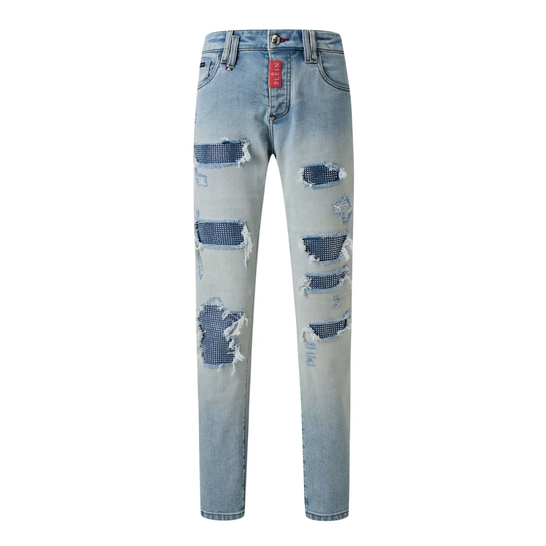 PINK PLEIN珍妮专属K005蓝曜系列PP牛仔裤潮流修身烫钻骷髅破洞