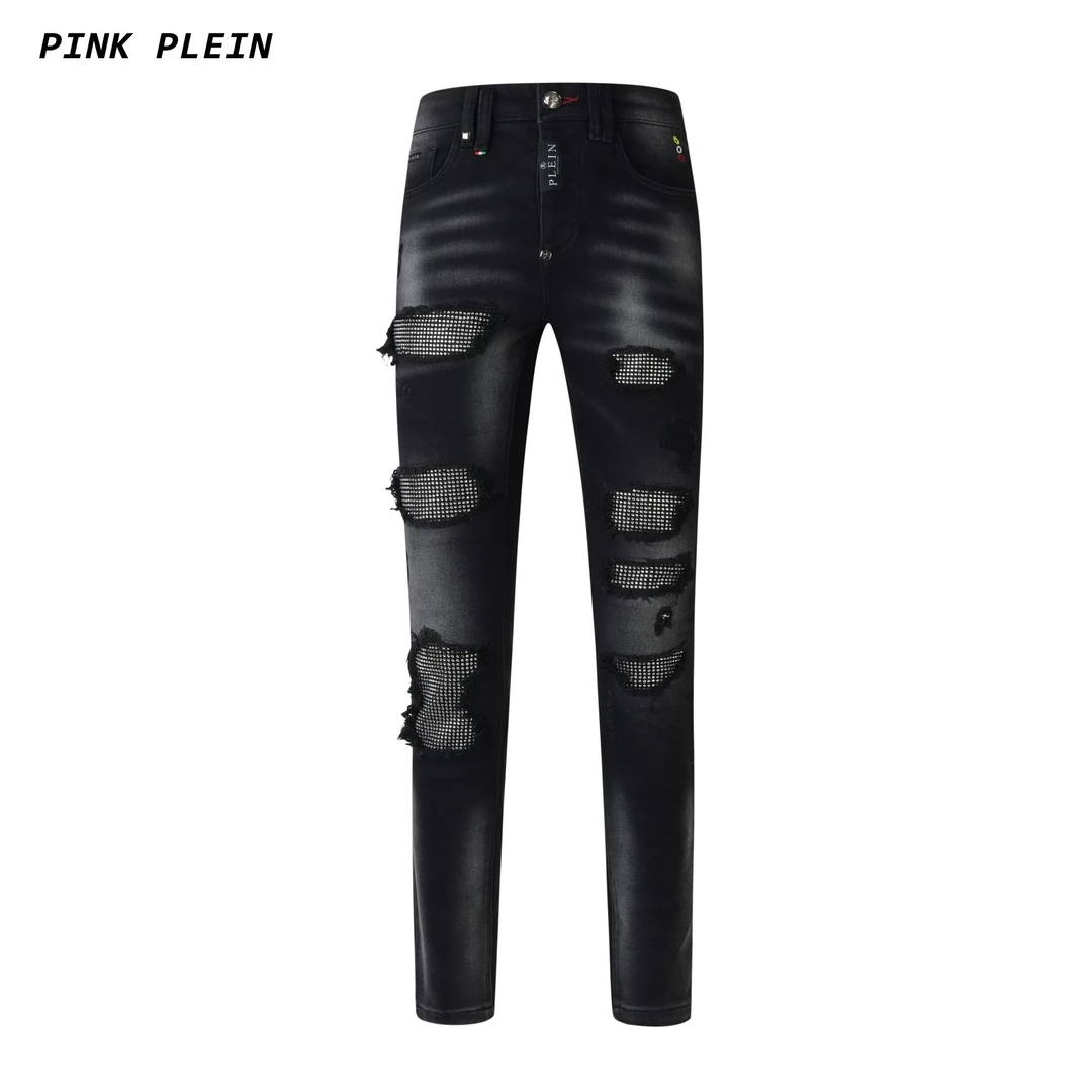 PINK PLEIN珍妮专属K002黑曜石系列PP牛仔裤潮流破洞直筒烫钻骷髅
