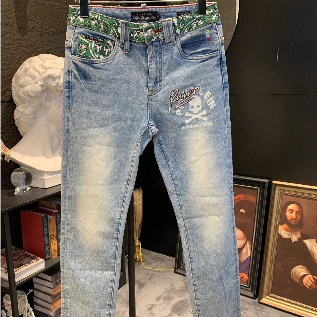PINK PLEIN珍妮专属K020腰果花系列PP牛仔裤航海元素直筒复古拼接