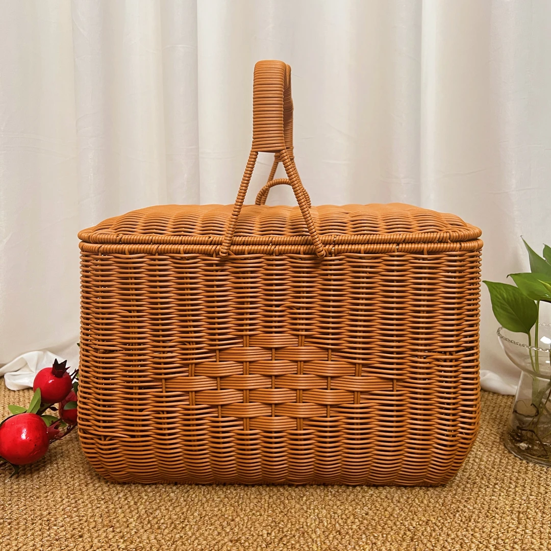 复古纯手工仿藤编织手提篮烧烤篮收纳篮储物户外野餐篮大容量方形