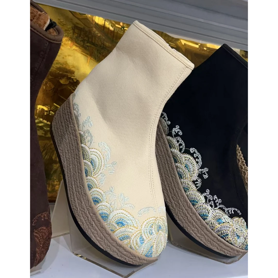 四代汉诺依1618-625素色帆布短靴民族风加绒棉靴金貂绒内里古国风