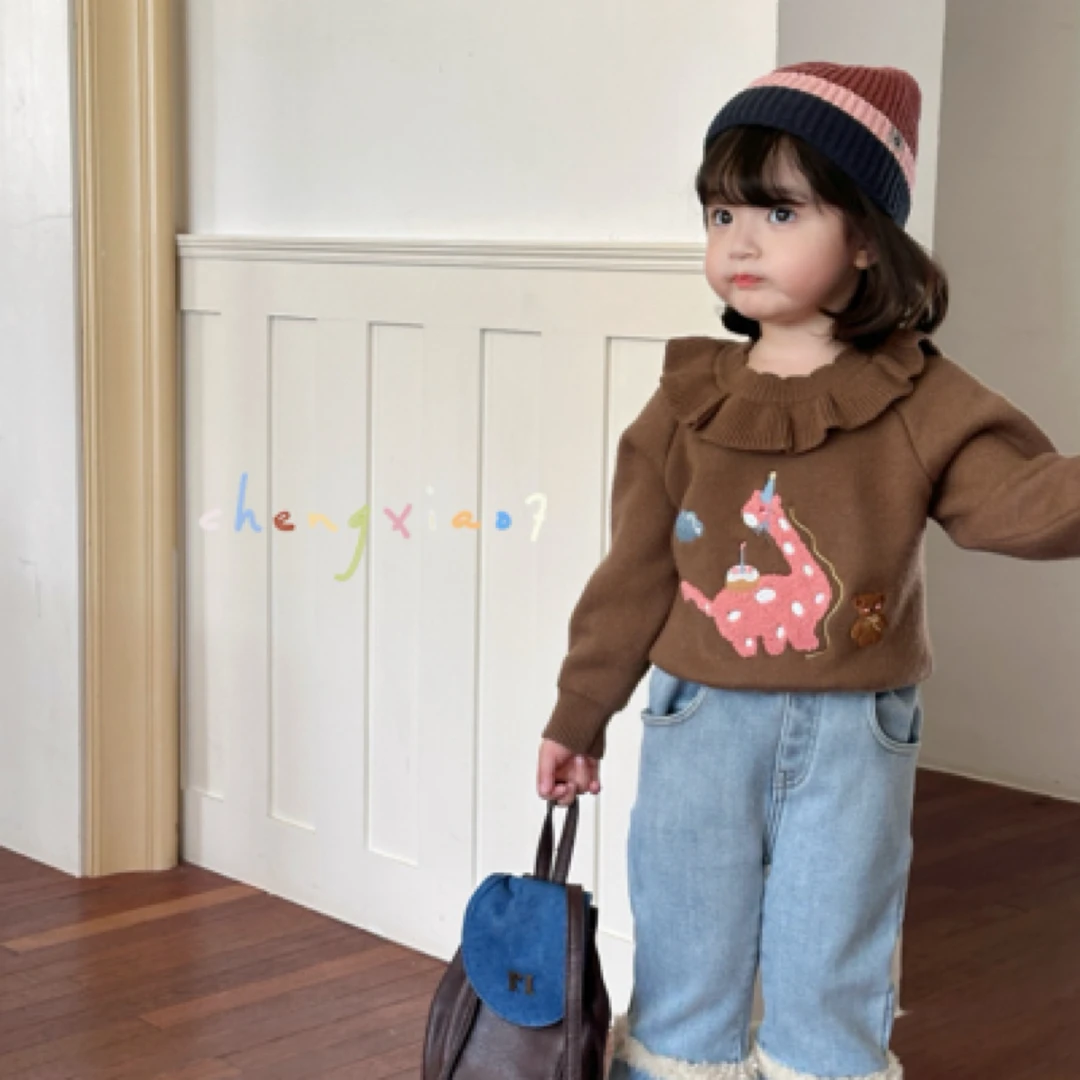 『橙小七』女宝2024秋冬新款韩系小童荷叶领毛衣可爱百搭保暖