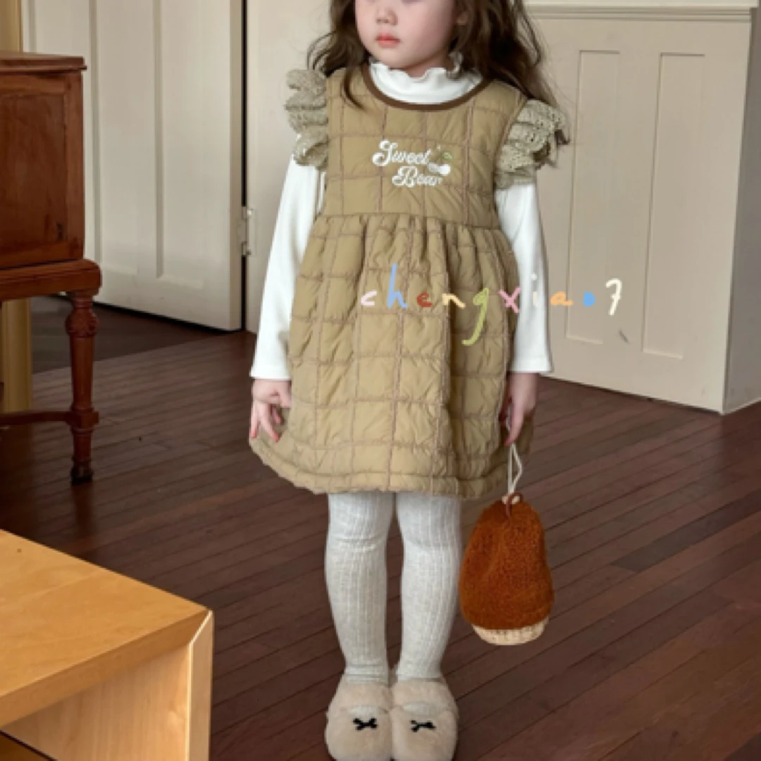 『橙小七』2024秋冬新款可爱韩系女童小童刺绣格子棉裙加厚背心裙