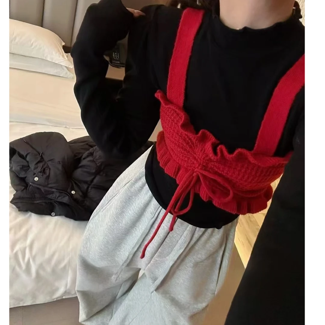 「红人上新」2024秋冬新款钩花吊带背心木耳边打底衫两件套上衣女