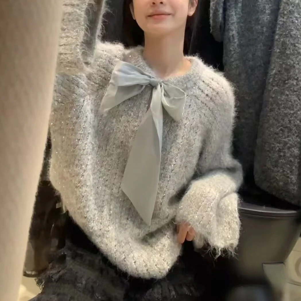 慵懒风蝴蝶结长袖针织衫女秋冬冬季韩系宽松加厚毛衣上衣