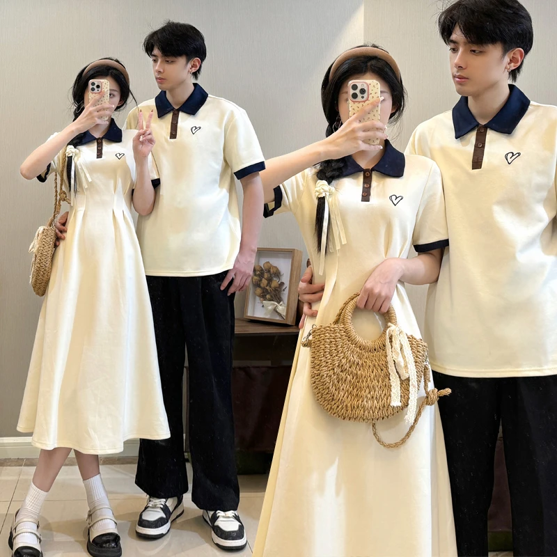 情侣装夏天款一男一女polo裙a字中长裙学院风收腰显瘦短袖连衣裙