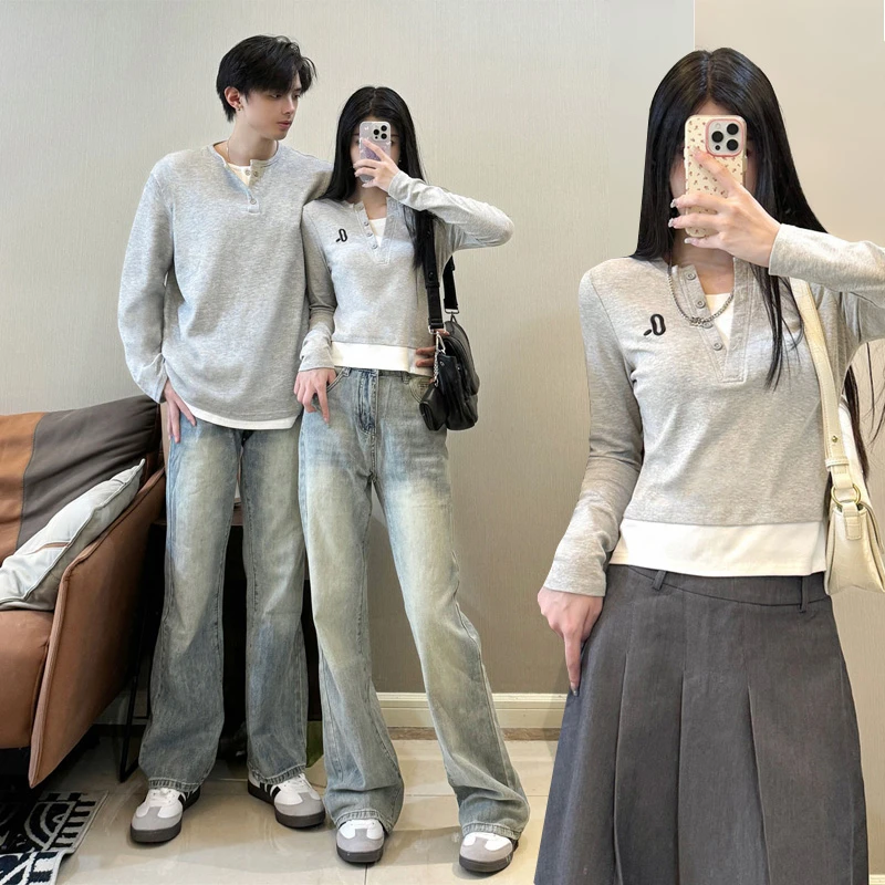 情侣装潮牌假两件长袖T恤女秋季2025新款修身打底衫上衣男士体恤