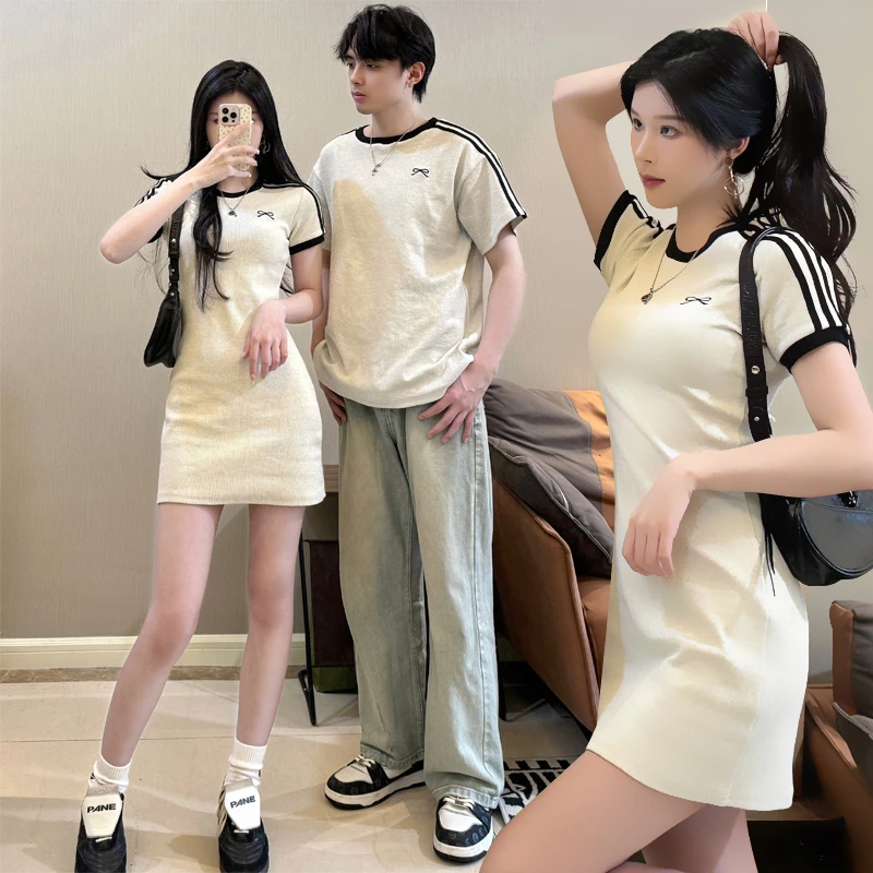 情侣装夏天款一男一女蝴蝶结条纹短袖t恤连衣裙收腰修身包臀短裙