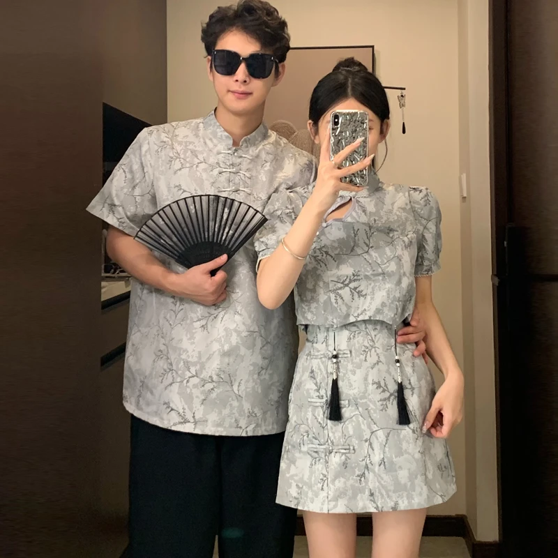 新中式情侣装国风套装改良旗袍年轻款少女盘扣上衣半身裙两件套夏