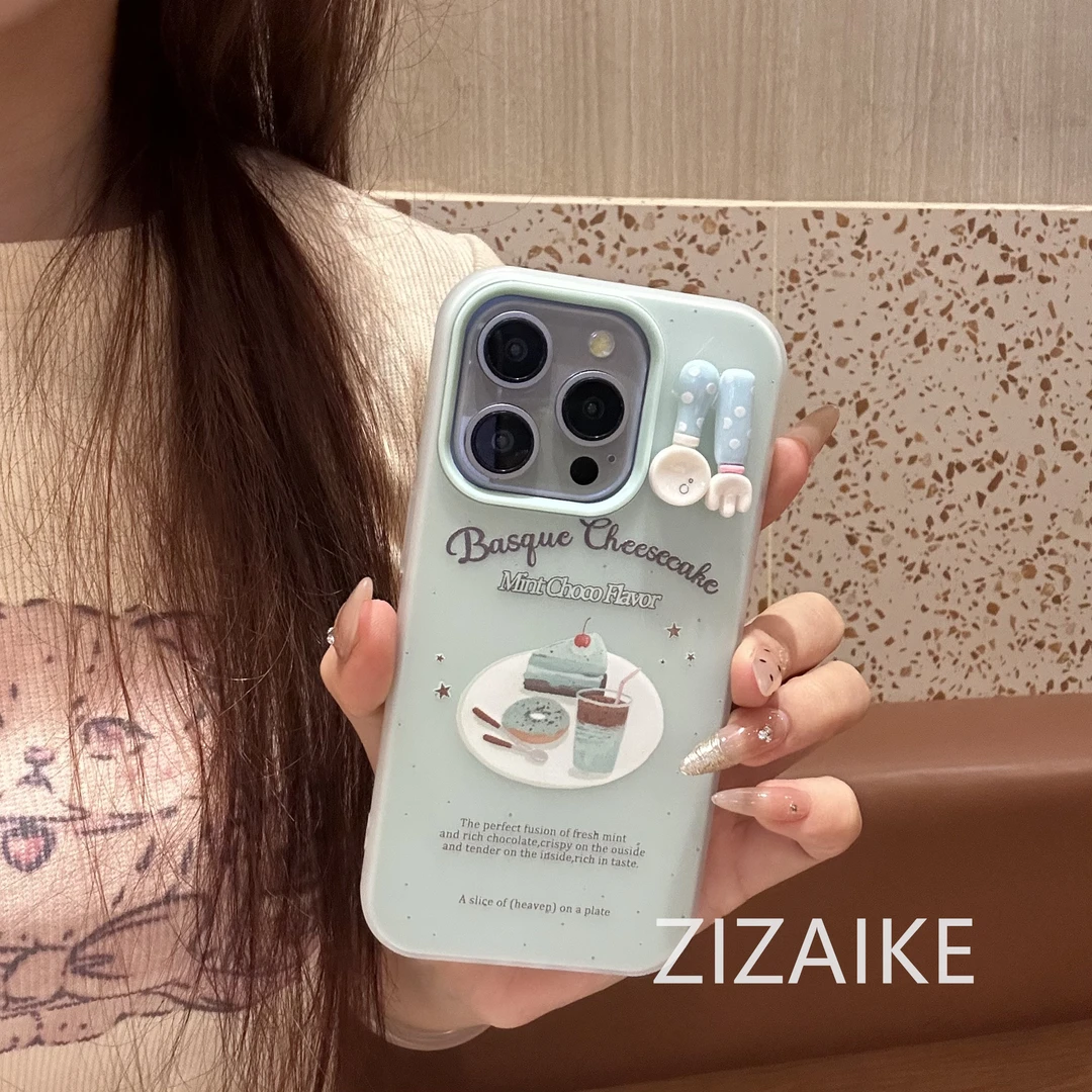 奶绿色餐具甜点果冻壳适用苹果15手机壳可爱防摔14promax保护壳13